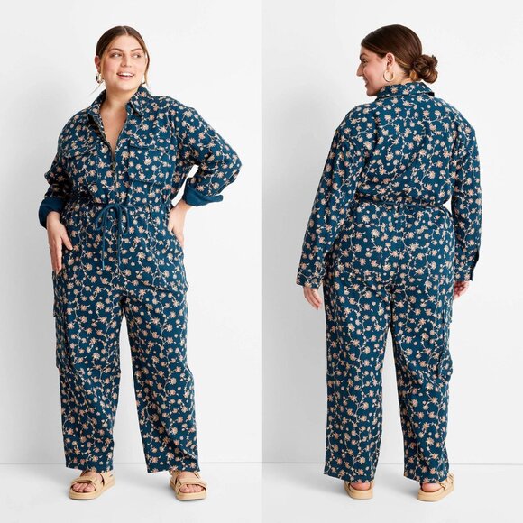 XXL - Womens Floral Print Long Sleeve Zip-Front Boilersuit - Teal - Picture 1 of 10
